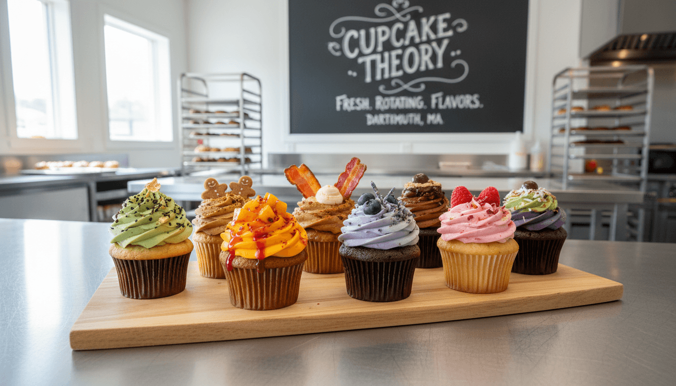 Gourmet cupcakes with innovative toppings and artistic frosting on a wooden platter.