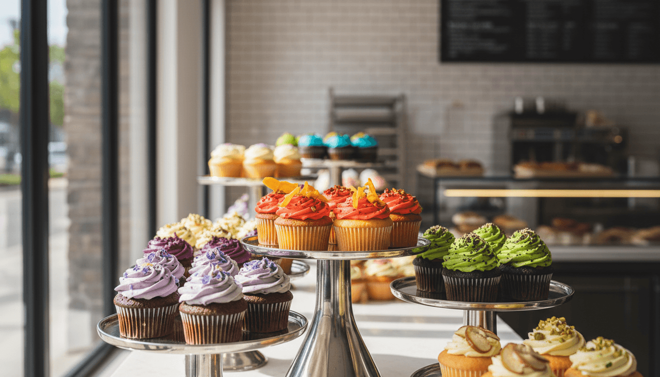 Assorted colorful cupcakes with vibrant frosting displayed on silver stands inside a bright bakery.