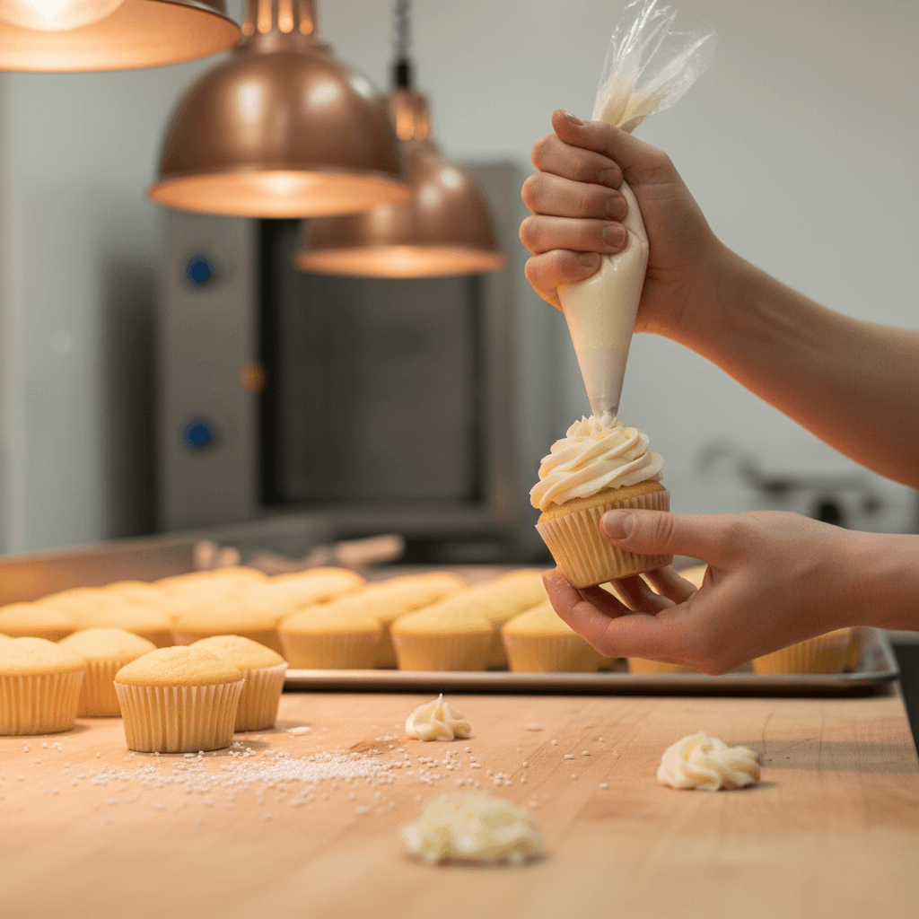Baker's hands piping buttercream frosting on cupcake in commercial bakery kitchen